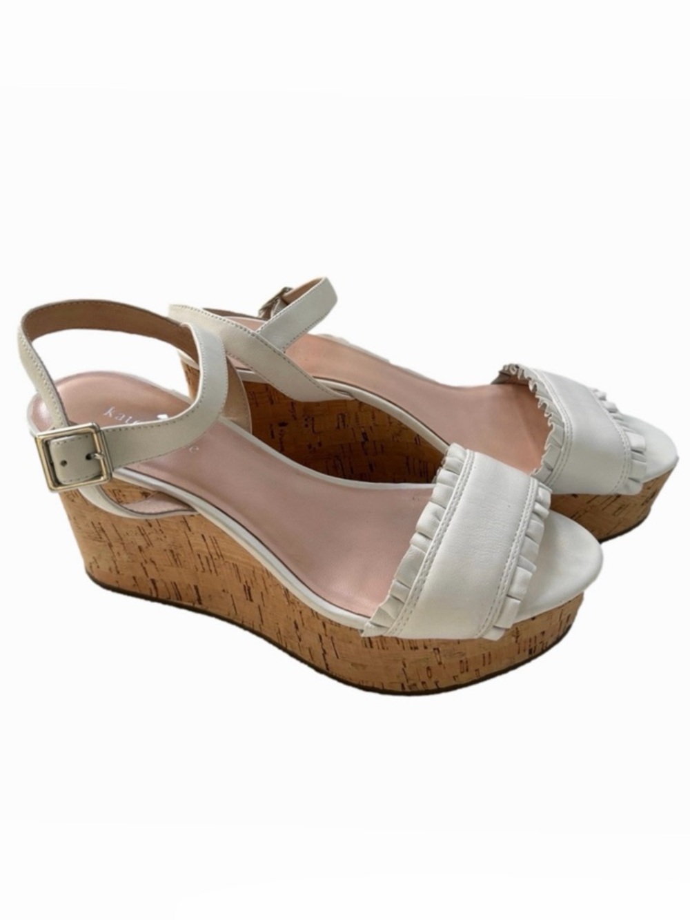 Kate Spade Tomas Cork Wedge Leathe Ruffle White Size 8 Women’s
